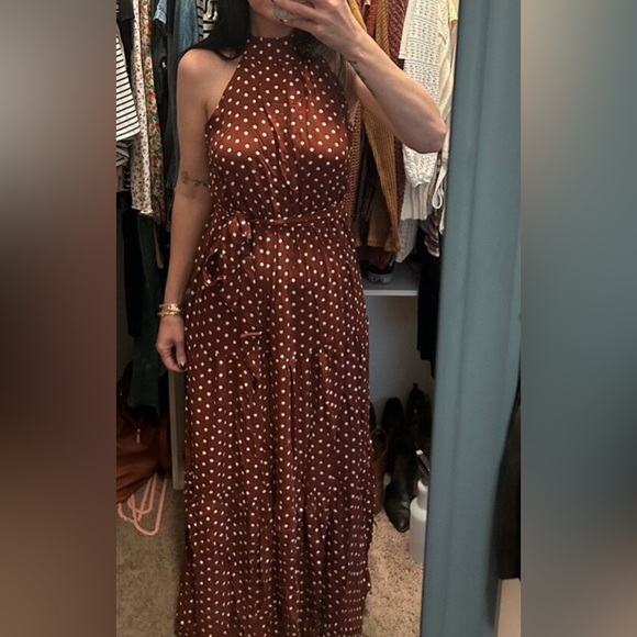 Boho Brown Polka Dot Halter Belted Maxi Dress - Picture 4 of 5